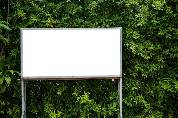 White billboard on spring summer green leaves background.