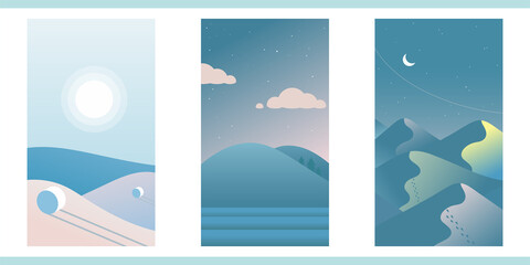 Creative aesthetic vintage style posters. A4 vertical illustrations with landscapes. A set of three minimalistic abstract backgrounds with mountains, clouds, sun, forest, fields, gradients.