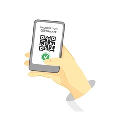 Phone with a qr code in the hand is isolated on white. Concept of shopping, visiting institutions, traveling during a pandemic. Certificate of vaccination. Digital immune passport. Vector illustration