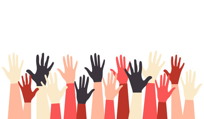 Hands of people with different skin colors, different nationalities and religions. Activists, feminists and other communities are fighting for equality. White background. Vector graphics.