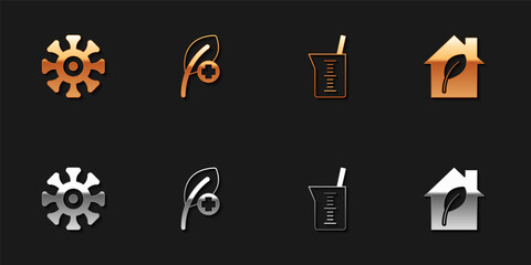 Set Bacteria, Leaf or leaves, Laboratory glassware beaker and Eco friendly house icon. Vector