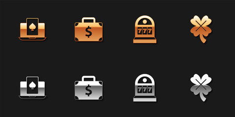Set Online poker table game, Briefcase and money, Slot machine with jackpot and Casino slot clover icon. Vector