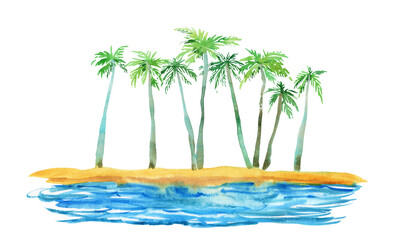 Tropical island illustration. Watercolor sea and palms landscape, hand painted summer vacation scene, beach background