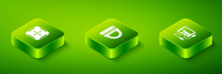 Set Isometric Protractor and ruler, Multimeter, voltmeter and Area measurement icon. Vector