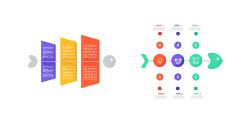 Fishbone diagram step infographic design collection with colorful text slot elements template design
