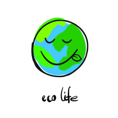 Eco planet logo. Environmental protection in the world is a sign. Planet Earth smiles logo. A happy healthy planet on a white background. Environmental protection symbol