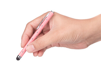 hand holding a soft pointed touchscreen stylus pen isolated on white background