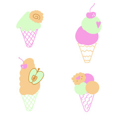 Set of fruit desserts ice creams. Design for T-shirt, textile and prints. Hand drawn vector illustration for decor and design.
