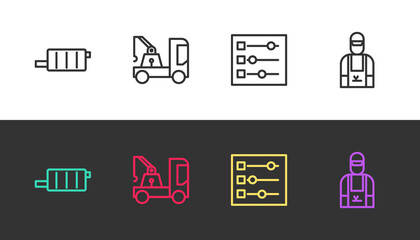 Set line Car muffler, Tow truck, settings and mechanic on black and white. Vector