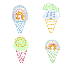 Rainbow ice cream set. Design for T-shirt, textile and prints. Hand drawn vector illustration for decor and design.
