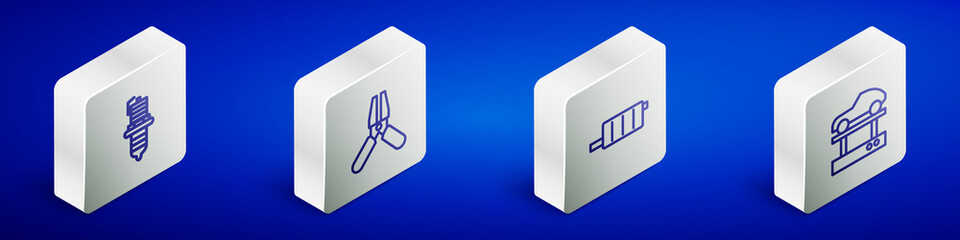 Set Isometric line Car spark plug, battery jumper power cable, muffler and Repair car on lift icon. Vector