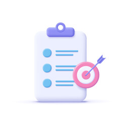 Assignment target icon. Clipboard, checklist symbol. 3d vector illustration.
