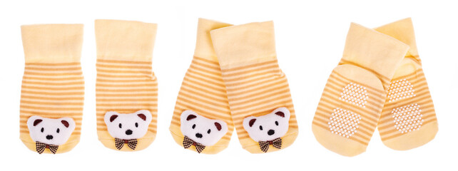 Set of Bear striped baby socks isolated on white background.