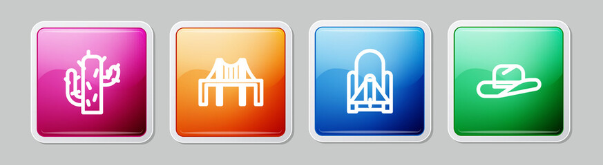 Set line Cactus, Golden gate bridge, Rocket launch from the spaceport and Western cowboy hat. Colorful square button. Vector