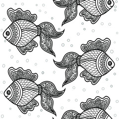 Black and white vector illustration of a fish. An idea for a logo,fashion illustrations, patterns, magazines, printing on clothes, advertising, drawing and creativity.