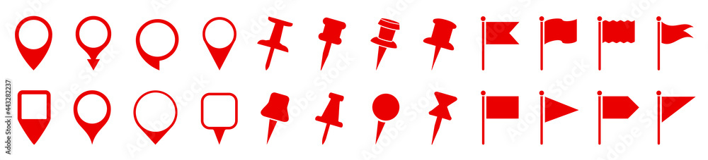 Aufkleber set pin map marker pointer icon, gps location flat symbol, arrows and flag signs – vector