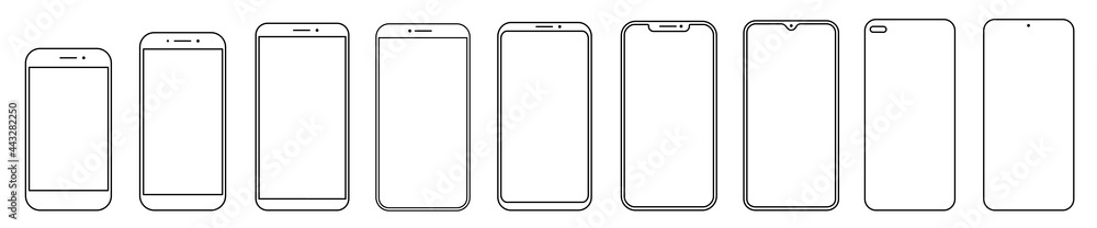 Aufkleber Set high quality realistic trendy different black models smartphone with empty touch screen front view icon. Detailed line mockup smartphone sign, linear model mobile phone, app, ui, ux, front view.