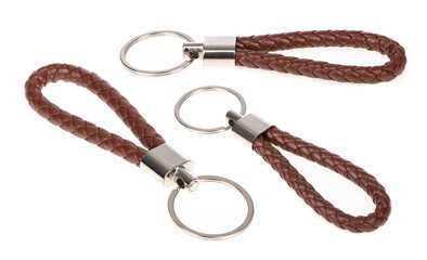 Set of brown Leather Rope Keychain isolated on white background.