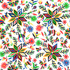 Seamless pattern with animal and floral ornament in the style of Mexican otomi embroidery - 443282835