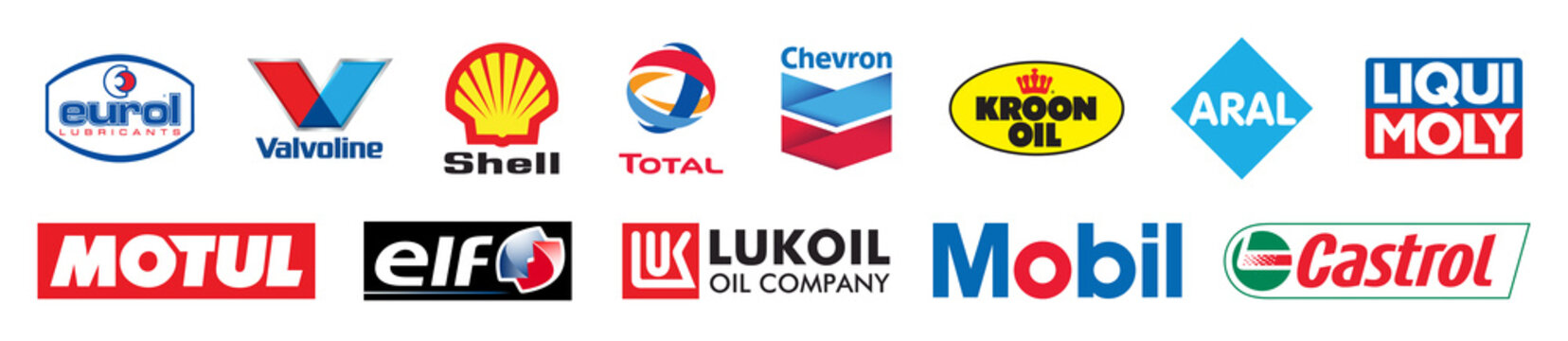 Kiev, Ukraine - July 04, 2021: Set top world most largest oil company brands logo: Eurol, Valvoline, Shell, Total, Chevron, Lukoil, Kroon oil, Aral, Motul, Elf, Mobil, Castrol. Editorial vector