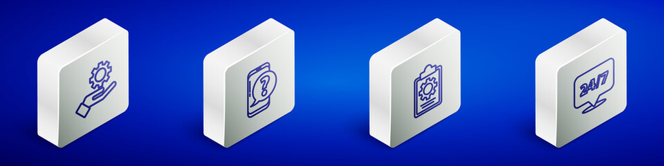 Set Isometric line Settings in the hand, Mobile phone with question, Checklist 24 hours service and Clock icon. Vector