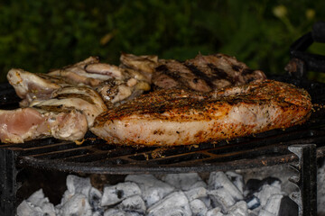 Meat roasting on barbeque grill over charcoal