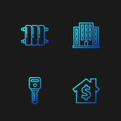 Set line House with dollar symbol, key, Heating radiator and . Gradient color icons. Vector