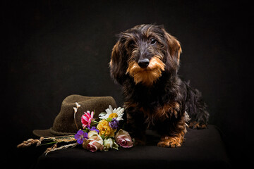 Wire-haired dachshund dog, bouquet of flowers and hunting hat on black background 