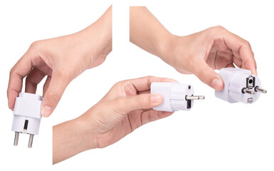 Collection of hand holding Universal US EU AU UK Plug Adapter Converter AC Travel Power Electrical Socket Outlets isolated on white background.