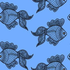 Seamless pattern of decorative fish. Black and white vector illustration.
