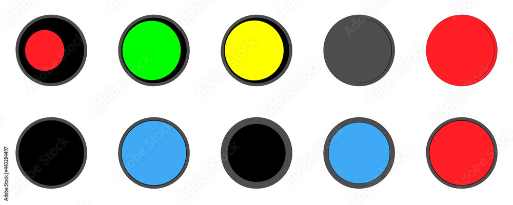 Poster a set of 10 multi-colored volumetric buttons with borders. rendering an image.