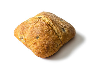 Delicious Italian ciabatta bread with olives, on a white background.