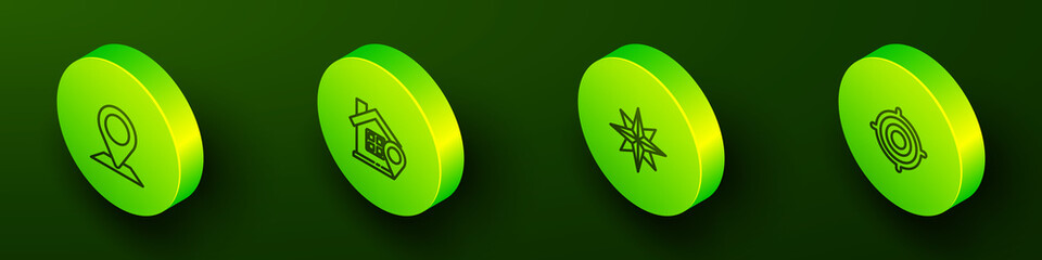 Set Isometric line Location, with house, Wind rose and Target sport icon. Vector