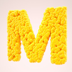 Corn alphabet letter M in yellow bubbles. 3d rendering.
