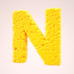 Corn alphabet letter N in yellow bubbles. 3d rendering.