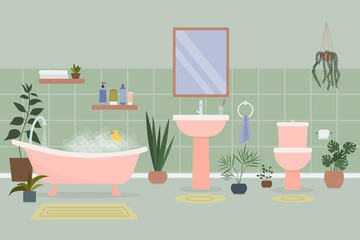 Fototapeta na wymiar Cozy bathroom interior with bath full of foam and bath accessories, and plants growing in pots. Foamy bathtub in cozy room. Flat vector illustration.