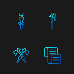Set line Decree, parchment, scroll, Crossed medieval axes, Torch flame and Medieval. Gradient color icons. Vector