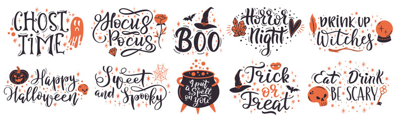 Halloween lettering quotes. Handwritten halloween phrases, put a spell on you and trick or treat vector symbols set. Spooky halloween lettering - obrazy, fototapety, plakaty