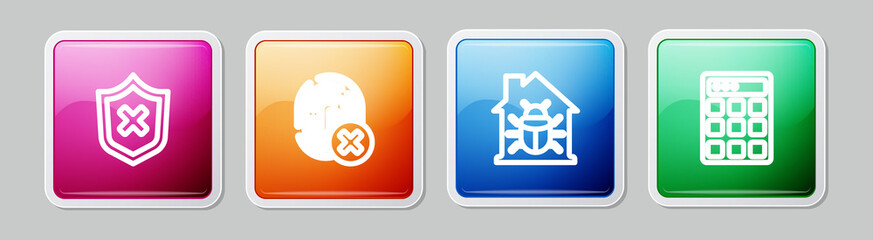 Set line Shield with cross mark, Cancelled fingerprint, House system bug and Password protection. Colorful square button. Vector