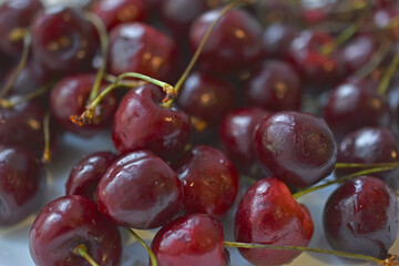 Red and ripe cherries on a white plate