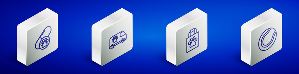 Set Isometric line Dog pill, Veterinary ambulance, Shopping bag pet and Tennis ball icon. Vector