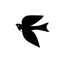 Hand-drawn black vector illustration of one bird is flying on a white background