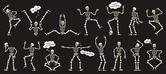 Halloween skeletons. Dancing skeletons, spooky halloween party skeleton mascots isolated vector illustration set. Funny skeletons characters