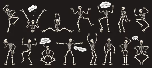 Fotobehang Halloween skeletons. Dancing skeletons, spooky halloween party skeleton mascots isolated vector illustration set. Funny skeletons characters © WinWin