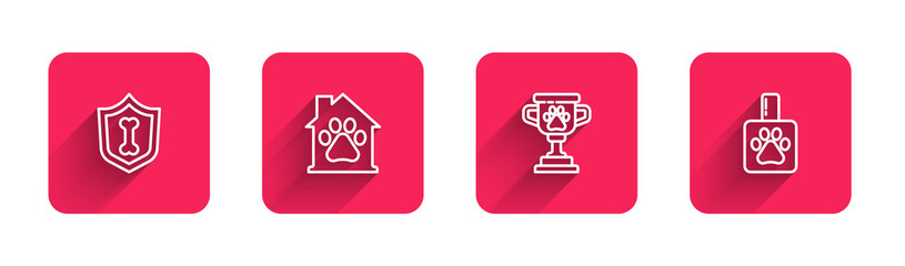 Fototapeta premium Set line Animal health insurance, Pet house, award and shampoo with long shadow. Red square button. Vector