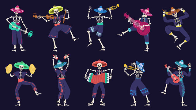 Day of the dead mariachi band. Musical mexican festival skeletons characters vector illustration set. Dia de los muertos mariachi skeleton musicians