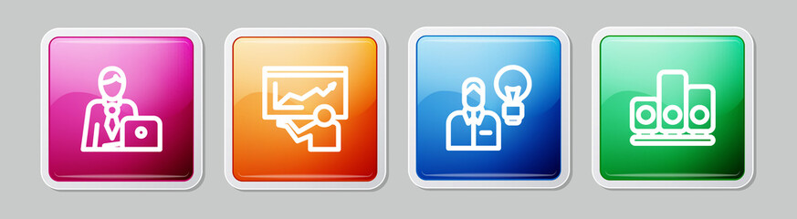 Set line Businessman, Training, presentation, Human with lamp bulb and Ranking star. Colorful square button. Vector