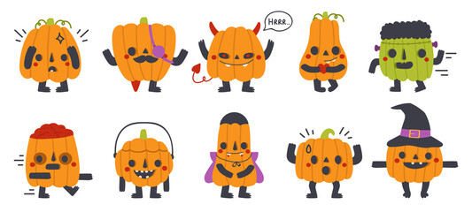 Cute pumpkin mascots. Halloween party funny pumpkins with different faces isolated vector symbols set. Happy halloween pumpkin characters