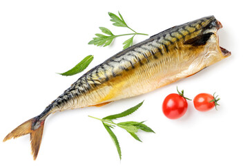 Smoked mackerel with greens and tomatoes on a white background, isolated. Top view