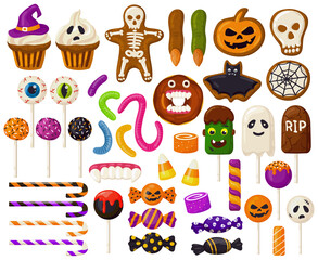 Fototapeta na wymiar Halloween sweets. Cartoon halloween candies, spooky lollipops, cupcakes and scary jelly sweets vector illustration set. Trick or treat halloween sweets